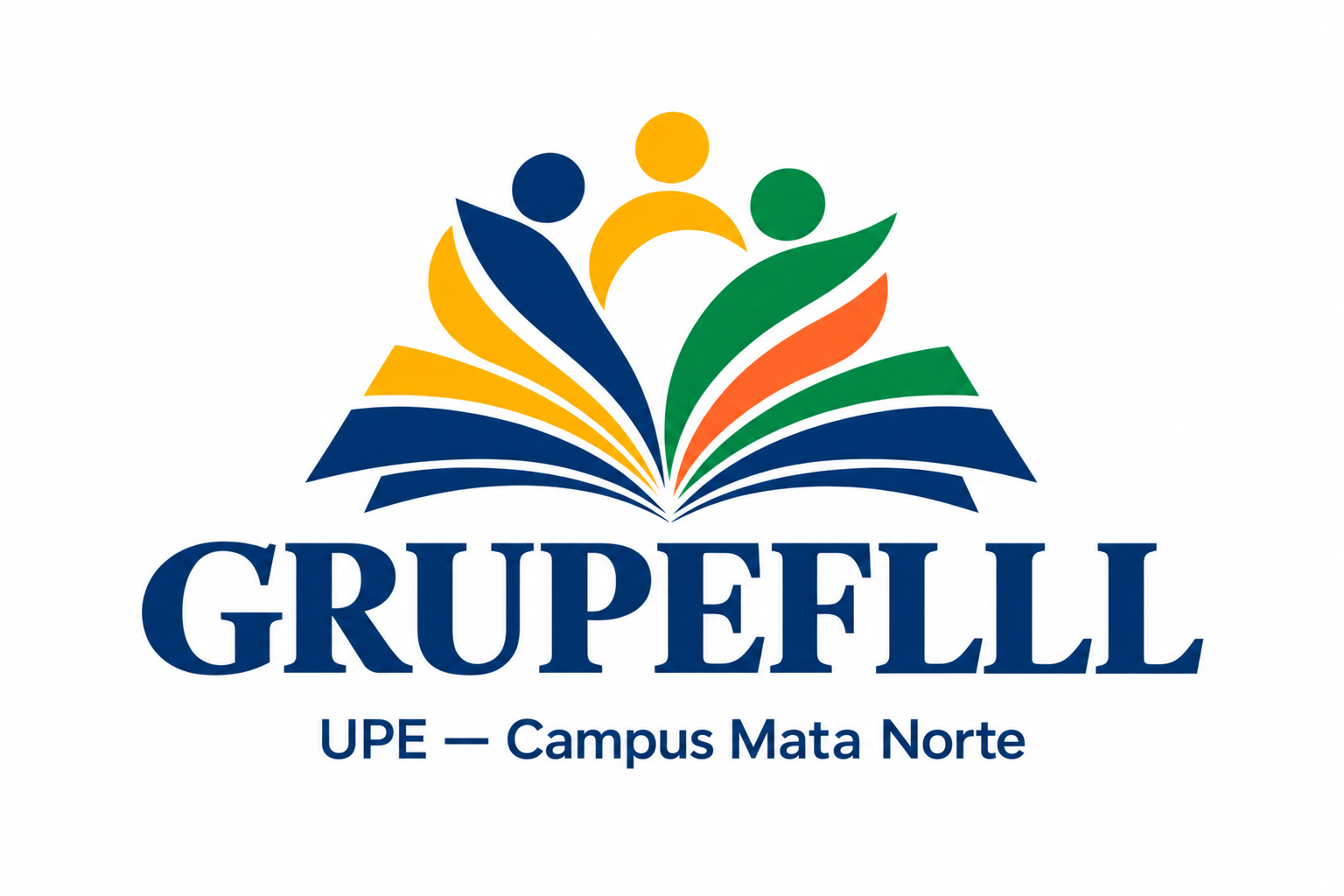 Marca GRUPEFLLL: livro aberto e figuras humanas em azul, amarelo, verde e laranja